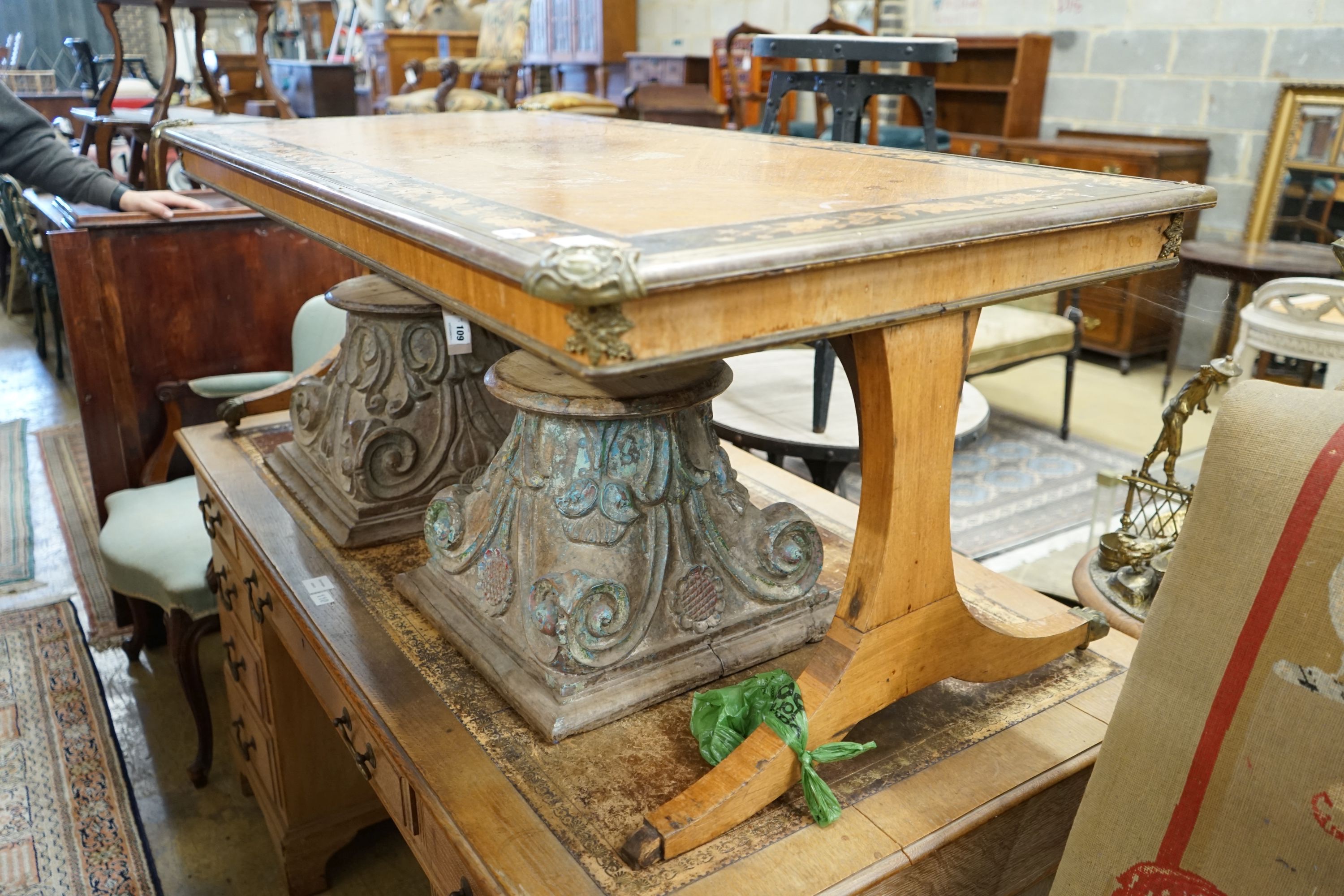 A 19th century French rectangular gilt metal mounted marquetry inlaid kingwood table top, now as coffee table, length 142cm, depth 72cm, height 53cm